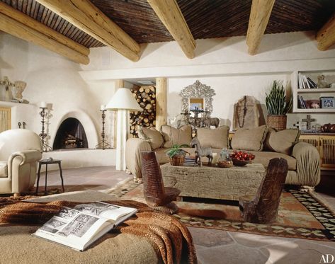 Adobe Fireplace, Adobe Interior, Aspen Home, Interior Design History, New Mexico Homes, Wood Beam Ceiling, Famous Musicians, Beautiful Interior Design, Adam Levine