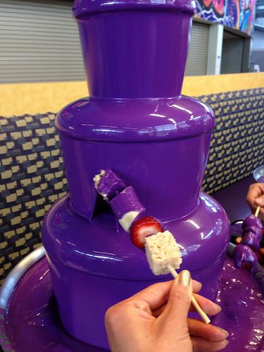 Yahoo's Purple Chocolate Fountain Purple Treats Table, Purple Chocolate Fountain, 50th Birthday Ideas Purple, Purple Quince Snack Table, Purple Birthday Desserts, Purple Theme Party Ideas, 50 Shades Of Purple Party, Purple Sweets Table, Purple Desert Table Ideas