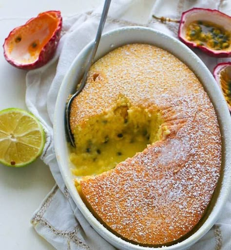 Passion Fruit Pudding Cake - Immaculate Bites Passion Fruit Pudding, Passion Fruit Cake, Malva Pudding, Passionfruit Recipes, Fruit Pudding, Cake Light, Creamy Pudding, Fruitcake Recipes, Cake Vegan