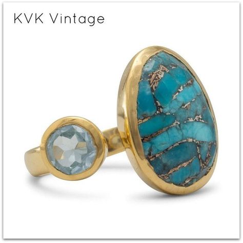 14 karat gold plated sterling silver ring with 6mm blue topaz and 13mm x 17mm oval turquoise with copper stone.  .925 Sterling Silver   Our ring will come carefully boxed in an organza bag. Back to KVK Vintage: http://www.etsy.com/shop/KVKVintage  To see my store policies: Turquoise Gold Ring, Claddagh Ring, Silver Rings With Stones, Gold Gemstone Ring, Plated Ring, Gold Plated Rings, Blue Topaz Ring, Topaz Ring, Blue Rings