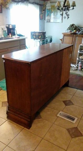 China Cabinet Kitchen Island, China Hutch Repurposed Kitchen Cabinets, Hutch Top As Upper Cabinet, Hutch Top Repurposed Ideas, Kitchen Hutch Diy, Hutch Top Repurposed, Repurposed Kitchen Island, Dining Room To Office, Repurposed Hutch