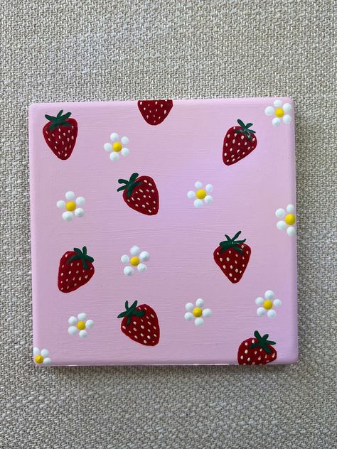 Hand Painted Strawberry Coaster - Etsy Canvas Painting Strawberry, Cute Square Painting Ideas, Easy Painting Patterns, Coaster Designs Painted, Things To Paint With Boyfriend, Easy Little Painting Ideas, 4×4 Canvas Painting, Strawberry Painting Ideas, Cute Strawberry Painting