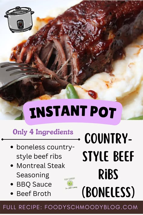 No knife needed for these beefy boneless country style ribs. So tender! Simple seasoning and no crazy ingredients needed. The key to tenderness when using an Instant Pot for meat / beef is to make sure you let the pressure naturally release. Pair these ribs with mac and cheese - yum! Country Short Ribs Instant Pot, Boneless Pork Rib Recipes Instant Pot, Western Style Ribs Instant Pot, Country Style Ribs Ninja Foodi, Boneless Country Ribs Instant Pot, Boneless Pork Country Style Ribs Recipes Instapot, Boneless Beef Short Rib Recipes Instant Pot, Instant Pot Boneless Ribs Recipe, Instant Pot Beef Ribs Boneless