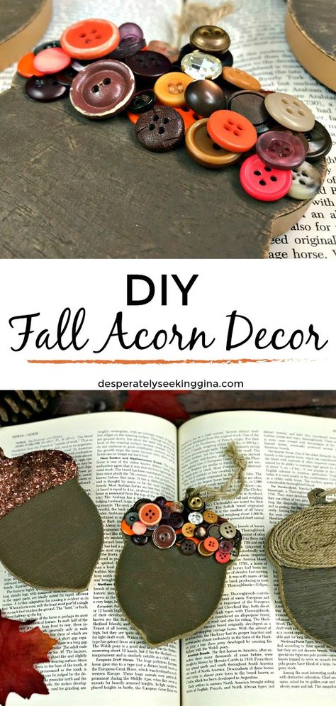 DIY fall acorns decorated with glitter, buttons, and twine Acorn Diy, Cultivating Creativity, Acorn Decor, Halloween Cutouts, Acorn Caps, Fall Crafting, September Crafts, Acorn Decorations, Fall Wood Crafts