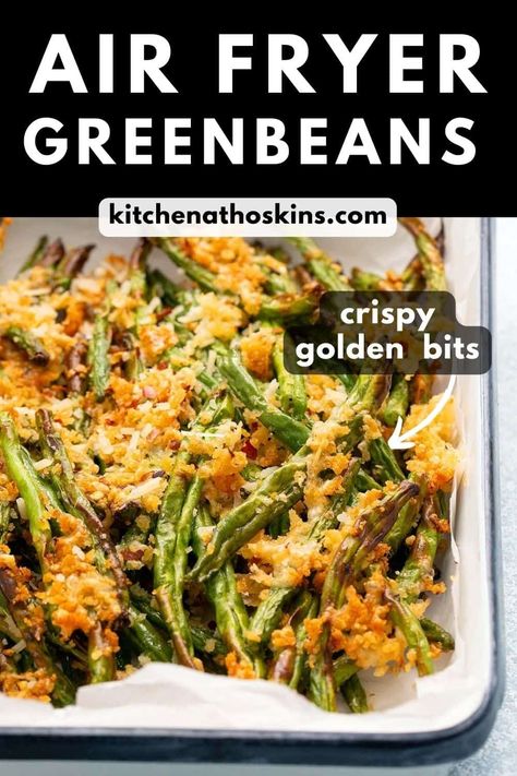 Air Fryer Green Beans recipe features tender-crisp green beans covered in crispy golden parmesan-panko bits. It cooks in 10 minutes and is hands down the most delicious green beans recipe I know! Green Beans Air Fryer Crispy, Green Beans Recipe Air Fryer, Green Bean Air Fryer Recipes, Green Bean Recipes Air Fryer, Air Fryer Green Beans Recipes, Panko Green Beans, Green Beans In Air Fryer, Green Beans Air Fryer, Beans Air Fryer