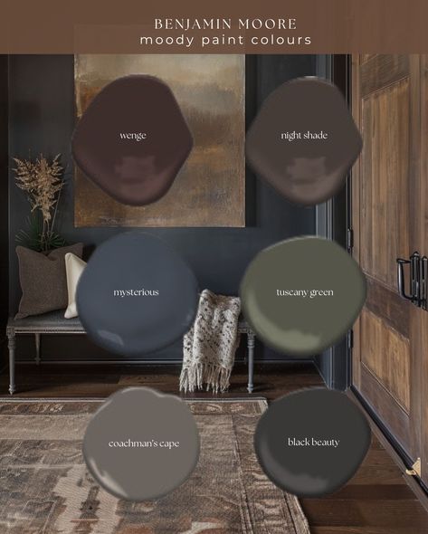 ✨ Moody Paint Vibes ✨

Dark, rich, and endlessly sophisticated—moody paint colors are here to transform your space. Whether you’re looking for a dramatic accent wall or a full-room statement, these Benjamin Moore hues bring depth and personality to any design.

Pair these paint colours with warm lighting, metallic accents, or natural textures for a cozy yet luxurious feel. 

Which shade fits your vibe? Let us know in the comments!

#MoodyPaintColors #BenjaminMoore #DarkAndElegant #HomeDesignI... Dark And Moody Sitting Room, Darkest Brown Paint Color, Dark Wall Interior, Dark Earthy Paint Colors, Benjamin Moore Paint Colours 2025, Moody Nursery Paint Colors, Dark House Color Palette, Moody Room Color Palette, Dark Moody Living Room Ideas