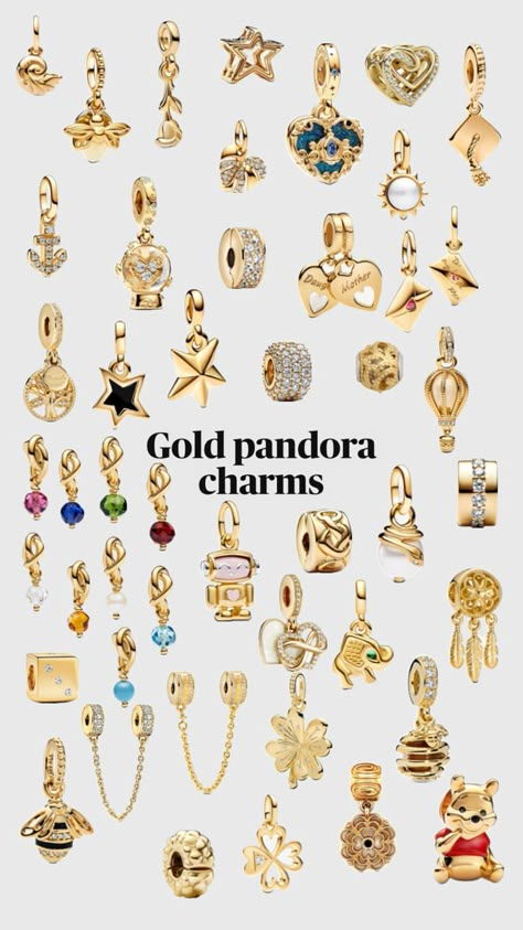 Pandora charms gold🍯🔑💛 Pandora Charms Gold, Pandora Christmas Charms, Capsule Wardrobe Jewelry, Gold Pandora, Pandora Christmas, Pandora Bracelet Charms Ideas, Pandora Bracelet Designs, Pandora Gold, Pandora Jewelry Charms