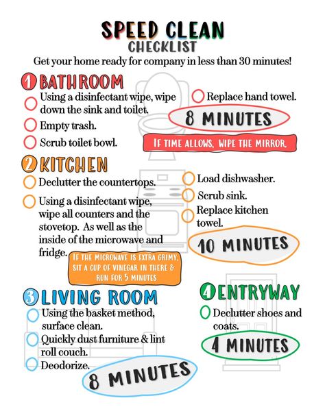 Short on time??  You need to SPEED CLEAN.  When I was younger, before the creation of my 6/10 list and the Basket Method, I would rush to tidy before company came over.  Can anyone e… Cleaning Schedules Weekly, House Cleaning Flow Chart, Quick House Cleaning Checklist, Lazy Cleaning Schedule, Speed Cleaning Flow Chart, Audhd Tips, Quick Cleaning Checklist, Realistic Cleaning Schedule, Quick Cleaning Tips