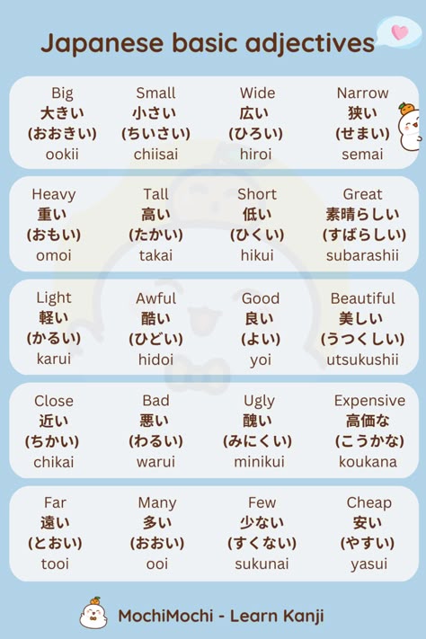 Japanese Language Learning App, Japanese Language Learning Notes, Japanese Language Notes, Learning Japanese Beginner, Japanese Language Learning For Beginners, Japanese Learning Notes, Japanese Adjectives, Japanese Terms, How To Learn Japanese