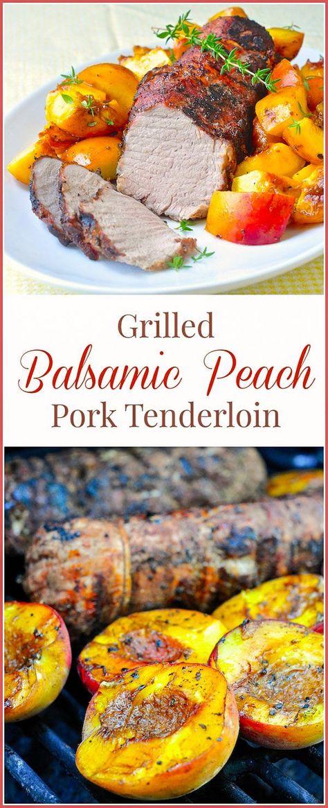 Grilled Balsamic Peach Pork Tenderloin - only 261 calories! Quick, delicious, spice rubbed pork tenderloin, served with marinated, grilled balsamic peaches. #lowcal #healthyeating #quickandeasymeals #paleo Peach Pork Tenderloin, Paleo Pork Recipes, Balsamic Peach, Grilled Pork Tenderloin, Tenderloin Recipes, Grilled Peaches, Pork Tenderloin Recipes, Peach Recipe, Cinnamon Spice