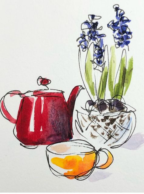 Ink And Watercolour Illustrations, Tea Watercolor Painting, Pen And Wash Watercolour, Watercolor Teacup, Health Drawing, Line And Wash, Draw A Picture, Pen And Wash, Watercolour And Ink