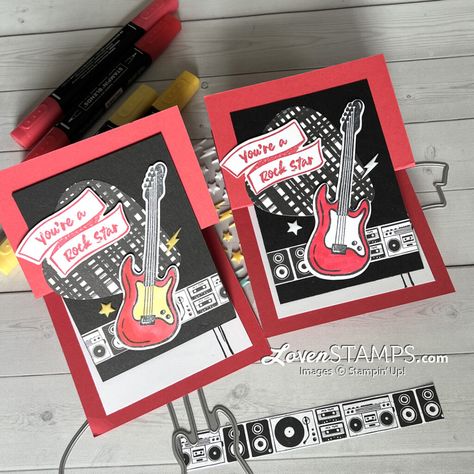 Rock Star Stampin Up Cards, Stampin Up Rock Star Cards, Rock And Roll Birthday, Music Cards, Musical Cards, Ornament Card, Star Cards, Up Music, Scrapbooking Stamps