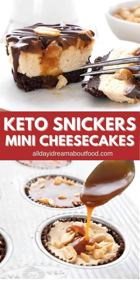 Keto mini cheesecake that tastes like biting into a Snickers Bar! These individual sized cheesecakes feature a no bake crust and filling, with a delicious peanut and caramel topping. You won't believe it's sugar-free. Keto Sweets Desserts, Keto Cheesecake Bars No Bake, Keto Individual Dessert, No Bake Keto Dessert Easy, Keto Snickers Cheesecake, Keto Mini Desserts, Swerve Recipes Desserts, Keto Cheesecake Cupcakes, Keto Snickers Bar