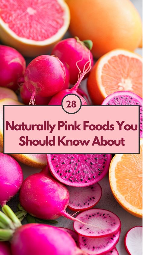 A variety of naturally pink foods displayed, including dragon fruit, pink grapefruit, and radishes, showcasing their vibrant colors and health benefits. Pink Food Savoury, Pink Dinner Food, Pink Savory Food, Pink Meals, Pink Places, Purple Vegetables, Pink Treats, Watermelon Radish, Ornamental Cabbage