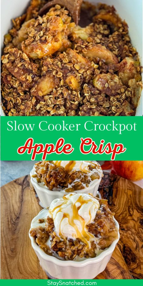 Enjoy the ultimate fall dessert with this slow cooker Crockpot apple crisp! This classic dish is topped with creamy vanilla ice cream and drizzled with rich caramel sauce making it the best easy-to-make treat for any occasion. Let your slow cooker do the work while you savor the warm, comforting flavors of cinnamon-spiced apples and a buttery, crumbly topping. Crockpot Apple Dessert Easy, Crockpot Stewed Apples, Healthy Crockpot Dessert Recipes, Best Crockpot Apple Crisp, Crockpot Apple Crumble Slow Cooker, Crock Pot Apple Dessert Recipes, Crockpot Baked Apples Easy, Easy Slow Cooker Apple Crisp, Slow Cooker Cinnamon Apples