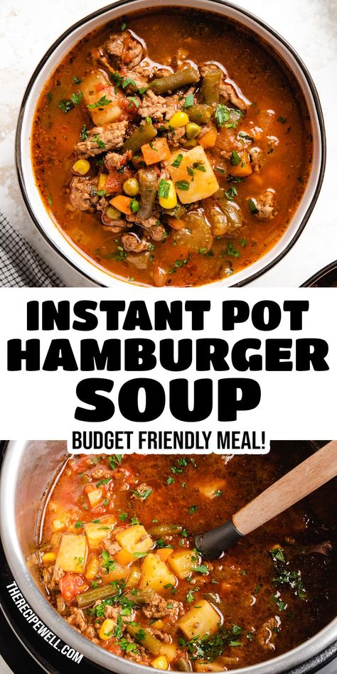 This Instant Pot Hamburger Soup recipe is easy and budget friendly, but doesn't skimp on flavour! Made with extra lean ground beef, frozen vegetables and a handful of pantry staples, this delicious soup will earn a repeat spot on your menu! Instant Pot Hamburger Soup, Instapot Soup Recipes, Beef Veggie Soup, Veggie Soup Recipes, Hamburger Vegetable Soup, Beef Recipe Instant Pot, Turkey Soup Recipe, Beef Soup Recipes, Soup With Ground Beef