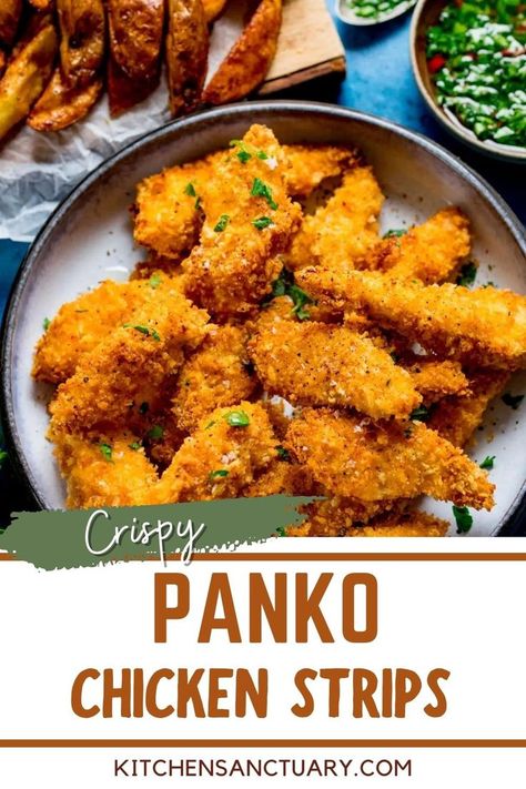 Succulent and juicy baked Crispy Panko Chicken Strips. Tender pieces of chicken breast coated in panko and baked until they're nice and crispy. A fantastic lighter way to make crispy chicken strips that adults and kids will love! After baking, pile the chicken up in a bowl or plate and serve it with a side of fries and your favourite sauce. Oh and don't forget to serve them with a sauce. Baked Panko Chicken Breast, Chicken Breast Strips Recipes, Tender Chicken Breast Recipes, Panko Fried Chicken, Chicken Tender Recipes Baked, Baked Panko Chicken, Baked Crispy Chicken, Homemade Chicken Strips, Breaded Chicken Strips