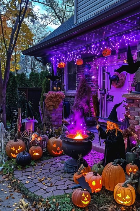 Halloween Scene Outdoor, Fall Halloween Decorations Outdoor, Fun Halloween Party Decorations, Outdoor Halloween Archway, Easy Front Yard Halloween Decorations, Halloween Outdoor House Decorations, Colorful Halloween Decorations, Trick Or Treat House Ideas, Halloween Fun House Ideas