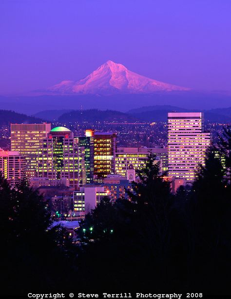 Portland skyline & Mt. Hood in alpenglow viewed from Washington Park in the West Hills of Portland. Oregon Landmarks, Portland Oregon Photography, Oregon Aesthetic, Portland Skyline, Improv Quilt, Oregon Landscape, Seattle Photography, Oregon Portland, Beautiful Oregon