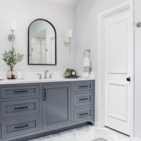 Bathroom Cabinet Colors, Grey Bathroom Cabinets, White Paint Color, Blue Gray Paint Colors, Painting Bathroom Cabinets, Blue Bathroom Vanity, Blue Gray Paint, Best White Paint, Grey Bathroom