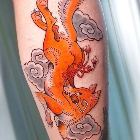 A Guide to The Mythological Creatures of Japanese Irezumi • Tattoodo Kitsune Mask Tattoo Traditional, Kitsune Japanese Tattoo, Kitsune Irezumi, Japanese Fox Tattoo, Japanese Creatures, Japan Yokai, Japanese Flash, Japanese Reference, Inked Magazine Tattoos