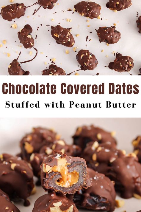 View on a few chocolate covered dates stuffed with peanut butter. Date Stuffed With Peanut Butter, Peanut Butter Chocolate Dipped Dates, Peanut Butter Chocolate Date Bites, Fig Peanut Butter Chocolate, Dark Chocolate Dates, Date Peanut Butter Chocolate Bark, Date Peanut Butter Cups, Chocolate Peanut Butter Dates, Peanut Butter Dates Chocolate