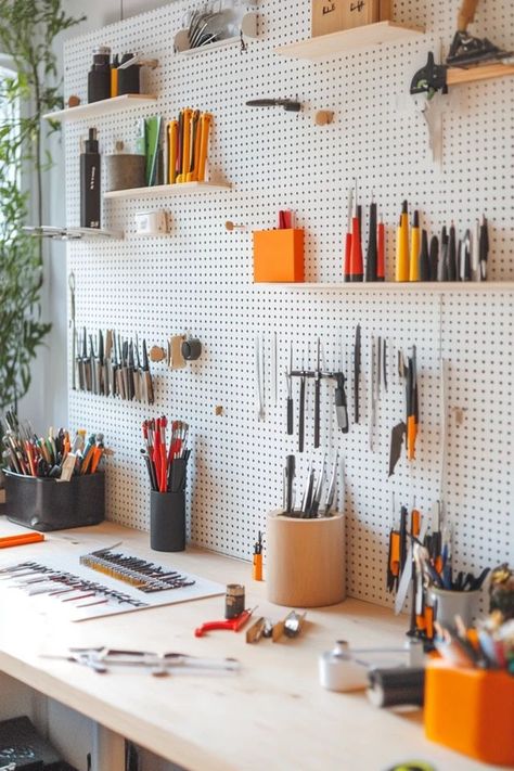 "Stay organized in style with a DIY pegboard organizer! Perfect for crafts, tools, or kitchen essentials. 🛠️✨ #DIYHomeDecor #Organization #CraftRoomIdeas" Pegboard Bedroom Ideas, Diy Pegboard, Pegboard Organization, Pegboard Accessories, Creative Organization, Creative Workspace, Ceramic Shop, Creative Workshop, Home Organization Hacks