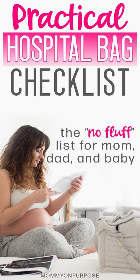 Looking for a practical hospital bag checklist? So was I when I gave birth to my first baby. Here is a hospital checklist for mom, dad, and baby. This list has all of the simple things that you'll actually use - which is probably less stuff than you thought! #newmom #hospitalbag #mommyonpurpose Baby Hospital Bag Checklist, Hospital Checklist, Mom Checklist, Hospital Bag For Mom To Be, Pregnancy Hospital Bag, Baby Hospital Bag, Hospital Bag Essentials, Bag Checklist, Hospital Bag Checklist