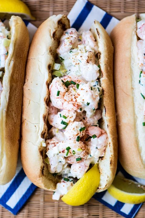 New England Style Shrimp Rolls ~ this is the stuff summer memories are made of...jumbo chunks of wild caught shrimp simply tossed with mayo and lemon and then stuffed into a butter toasted bun ~ lunch doesn't get any better! #shrimp #shellfish #lobsterroll #lunch #shrimpsalad #sandwich #fish #lobstersaladrn Shrimp Rolls Recipe, Shrimp Roll, Shrimp Sandwich, Shrimp Rolls, Shell Fish, Easy Seafood, Easy Seafood Recipes, Shrimp Dishes, Shrimp Salad