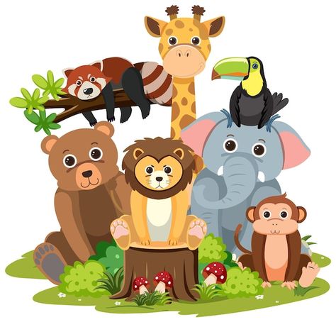 Vector gratuito grupo de animales salvaj... | Free Vector #Freepik #freevector #mono #mono-dibujo #mono-animado #animales-animados Animal Birthday Party Decorations, Safari Animal Birthday Party, Human Clipart, Nature Character, Jungle Images, Jungle Animal Art, Cartoon Bird, Forest Adventure, Short Stories For Kids