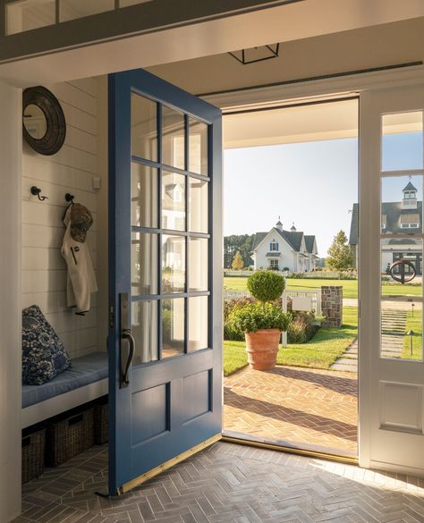 Nantucket blue benches and doors create a casual and coastal feel.⁠ ⁠ Architecture: @purplecherryarchitects ⁠ Interior Designer: @purplecherryarchitects ⁠ Landscape Architect: @campionhrubyla⁠ Builder: @gychomes ⁠ Photographer: @durstonsaylor ⁠ Stylist: @helencrowther ⁠ ⁠ ⁠#purplecherryarchitects #design #architecture #architect #interiordesign #interiordesigner #designer #interiors #interior #designinspiration #homedesign #archilovers #architecturelovers #architecturephotography #residential... Beach Mudroom, Nantucket Interior Design, Nantucket Interior, Sims 4 Worlds, Blue Bench, House Planning, Glam Living, Glam Living Room, Studio Home