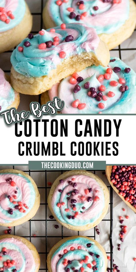 Close-up of cotton candy cookies on a cooling rack. American Baked Goods, Crumbl Christmas Flavors, Nerds Candy Recipe, Cooking With Karli Crumbl Cookies, Cookie Dunkers With Buttercream, Cute Recipes Aesthetic, Deep Dish Cookie Recipe, Crumble Sugar Cookie Recipe, Diy Crumbl Cookies