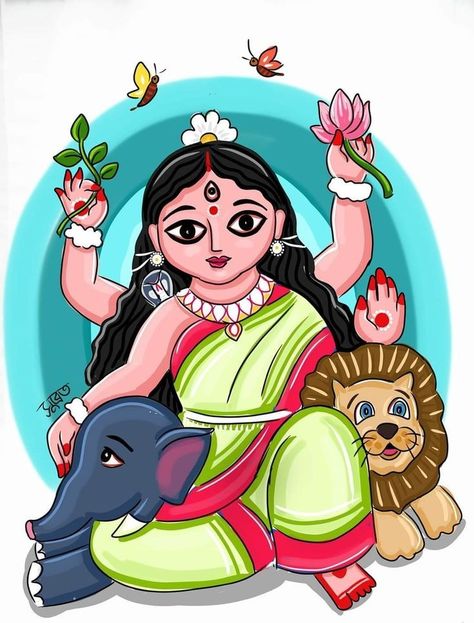 Durga Painting For Kids, Durga Maa Illustration, Durga Puja Drawing For Kids, Navratri Drawing For Kids, Durga Thakur Drawing, Durga Puja Painting, Durga Puja Drawing, Hindu Artwork, Maa Drawing