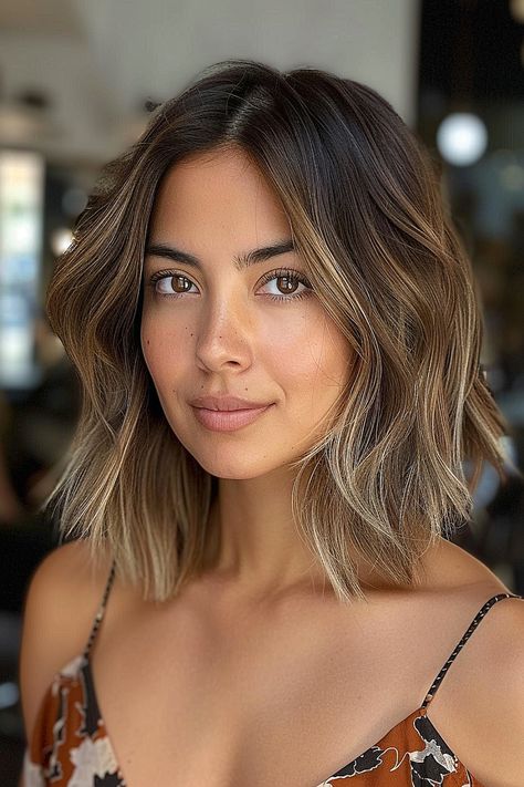 Layered lob with soft balayage highlights transitioning from dark to light. Lob Balayage Brunette, Lob With Balayage, Balayage Medium Hair, Layered Lob Haircut, Lob Balayage, Medium Balayage, Medium Balayage Hair, Brunette Bob Haircut, Lob Haircut Layered