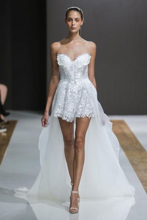 Calling all brides-to-be who love rompers! Would you dare to wear this Mark Zunino floral laser-cut romper? We especially love how the detachable overskirt adds an extra wow factor to the look. Mark Zunino, Mini Wedding Dress, Top Wedding Dress Designers, Jumpsuit Shorts, Short Wedding Dresses, Fall Fashion Dresses, Mini Wedding Dresses, Wedding Dress Guide, Bridal Jumpsuit