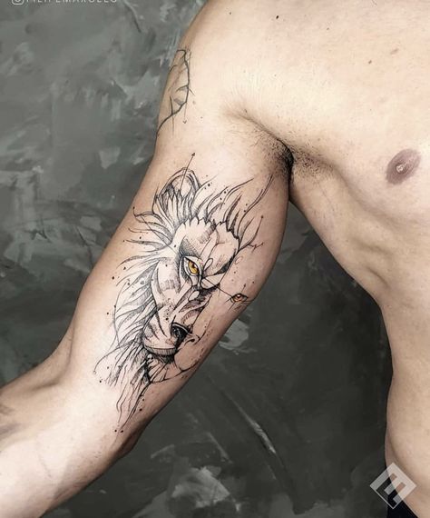 Inner Bicep Small Tattoo, Half Lion Tattoo Men, Lion Bicep Tattoo Men, Tricep Tattoo Men Simple, Inner Bicep Tattoo Men Simple, Inner Bicep Tattoo Men Ideas Design, Triceps Tattoo Men, Geometric Lion Tattoo Design, Back Of Tricep Tattoo Men