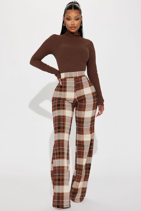 Available In Brown/combo. High Rise Crepe Knit Plaid Print Stretch High Waist 35" Inseam Disclaimer: Plaid Placement Will Vary 95% polyester 5% Spandex Imported | Jahia Flare Pants in Brown size Large by Fashion Nova