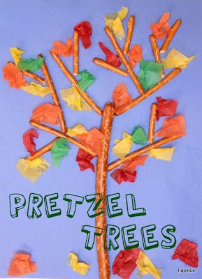 Tippytoe Crafts: Pretzel-Stick Trees ~ diy for kids fall craft project ~ pretzel sticks & tissue paper Pretzel Trees, Kids Fall Crafts, Preschool Projects, Easy Fall Crafts, Fall Preschool, Daycare Crafts, Fall Crafts For Kids, Autumn Crafts, Classroom Crafts