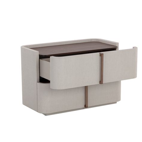 Dimensions: 34.00W x 18.00D x 22.00H in Material: Wood / Faux Leather Finish: Cream This contemporary large nightstand is defined by its beautiful and gentle curves. Upholstered in cream faux leather with a brown oak veneer tabletop that is sure to impress. Includes two drawers and completed with a rustic bronze steel base. Coordinating dresser also available, along with a smaller nightstand version. Handle With Care: This design has been crafted with faux leather. Faux leather is manufactured t Curved Drawer, Large Nightstand, Sink Lights, Small Nightstand, Dresser Table, Contemporary Side Tables, Youth Bedroom, Baby Drawing, Night Table