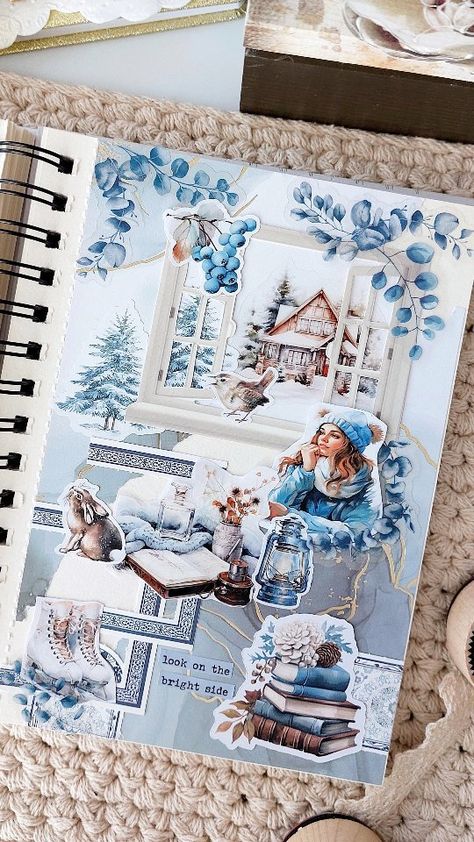 Scrapbook Winter Ideas, Scrapbook Inspiration Layout, Blue Theme Journal Ideas, Holiday Scrapbook Ideas, Winter Journal Ideas, Scrapbook Theme Ideas, Christmas Junk Journal Ideas, Scrapbook Journal Ideas, Junk Journal Christmas