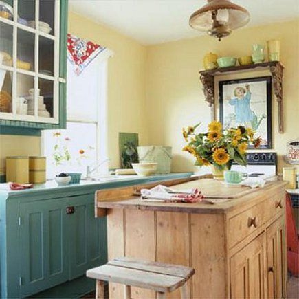 Turquoise Kitchen Cabinets, Teal Kitchen Cabinets, Teal Cabinets, Yellow Kitchen Walls, Country Cottage Kitchen, Turquoise Kitchen, Teal Kitchen, Blue Kitchen Cabinets, Green Kitchen Cabinets