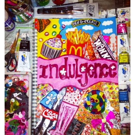 My GCSE art title page for my 'INDULGENCE' project!  Mixed media & acrylic  #art #sweets #chocolate #indulgence #food #gcseart #gcse #paint #colour #colourful #acrylicpaint #artattack #collage #titlepage Gcse Art Title Page, Art Title Page, Sketchbook Layout, Textiles Sketchbook, Gcse Art Sketchbook, A Level Art Sketchbook, Mixed Media Acrylic, Trendy Art, Gcse Art