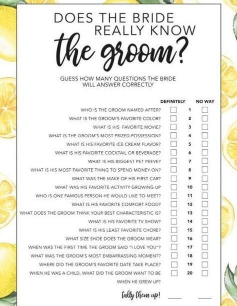 Lemonade Theme "Does the Bride Really Know the Groom" Bridal Shower Game, Beyonce, Printable Bridal Shower Couple Questions, Questions For The Bride About The Groom, Questions To Ask Groom For Bachelorette, Does The Groom Really Know The Bride, Questions For Groom Bridal Shower Game, Does The Bride Know The Groom, Groom Questions For Bachelorette Party, How Well Does The Bride Know The Groom, Bridal Shower Printable Games