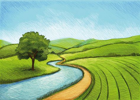 Evening Farm. Digital Drawing Landscape with Trees, Plants, Agriculture and a Ri , #AD, #Digital, #Drawing, #Evening, #Farm, #Landscape #ad Digital Drawing Landscape, Agriculture Drawing, Farm Drawing, River Illustration, Landscape Vector Illustration, Stock Art, Summer Landscape, Explore Nature, Landscape Trees