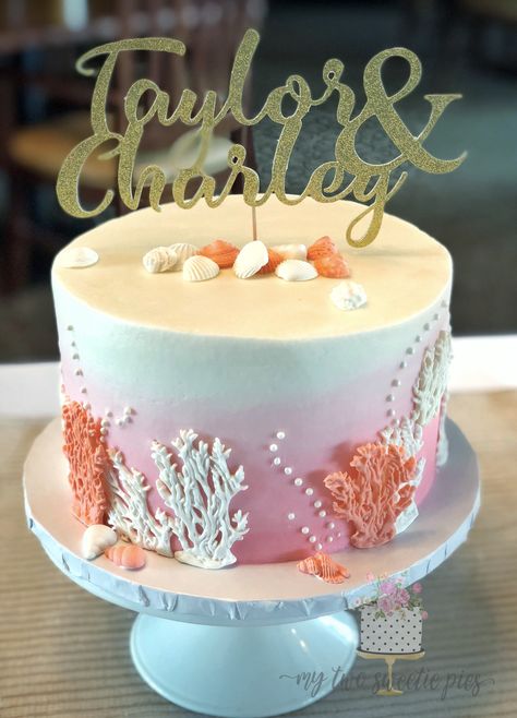 Coral Cake Birthday, Coral Cake Ideas, Shell Border Cake, Shell Wedding Cake, Seashell Cake Topper, Coral Anniversary, 35 Anniversary, Sea Shell Cake Idea, Aqua Cake