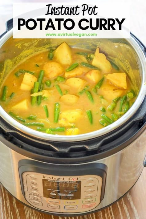 Vegan Instant Pot Potato Curry!  Super quick, easy, nutritious & delicious, plus it's really budget friendly! #instantpot #vegan #curry via @avirtualvegan Instant Pot Curry, Vegan Instant Pot, Vegan Instant Pot Recipes, Vegetarian Instant Pot, Electric Pressure Cooker Recipes, Vegan Curry, Potato Curry, Instapot Recipes, Instant Pot Pressure Cooker