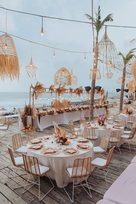 Beachside wedding reception with dried palm decor. Photo by Terralogical and Black Fox Photography Palm Wedding Decor, Tropical Disco Wedding, Tropical Disco, Wedding In Bali, Disco Wedding, Palm Wedding, Invites Wedding, Dream Beach Wedding, Boho Beach Wedding