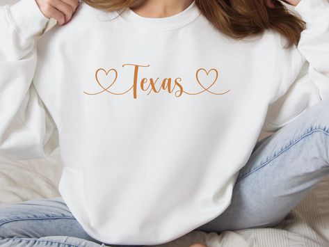 Texas Sweatshirt - Austin, Burnt Orange, Longhorn, Texas Crewneck, TX Gift, State Merch, UT, Fall Sweater, Gameday Shirt, Texas Team Spirit by HiSunshineDesigns on Etsy Texas Sweatshirt, Fall Sweater, Game Day Shirts, Fall Sweaters, Team Spirit, Burnt Orange, Favorite Outfit, Austin, Texas