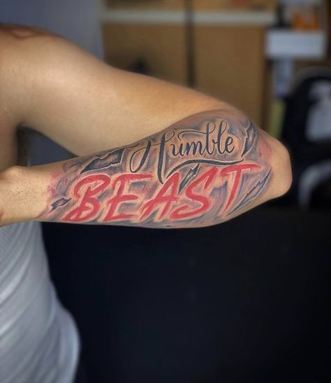 Hustle In Silence Tattoo, Forever Humble Tattoo, Forarm Tattoos For Men Unique, Humble Beast Tattoo Men, Humble Beast Tattoo, Upper Half Sleeve Tattoos For Guys, Outer Forearm Tattoo Men Ideas, Humble Tattoo Men, Shoulder Tattoo Black Men