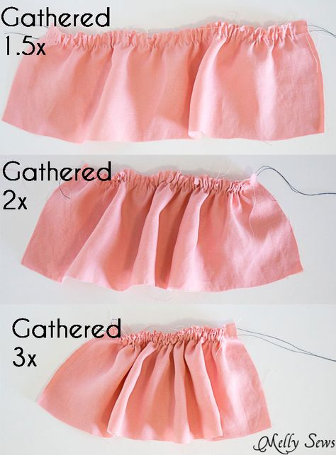 Ruffle Gathering Ratios - How to Add a Ruffle to a Garment - DIY Sewing Tutorial by Melly Sews How To Add A Ruffle Hem, How To Make A Ruffled Skirt, Ruffle Hem Skirt Pattern, Sewing Ruffle Sleeves, Sewing Ruffles Easy, How To Sew Frills, Add Ruffles To Shirt Diy, How To Ruffle Fabric, How To Add Ruffles To A Dress